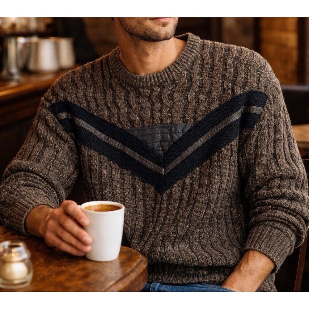 J.J. Cochran Sweater Mens L Brown Vintage Leather Trim Chevron Knit